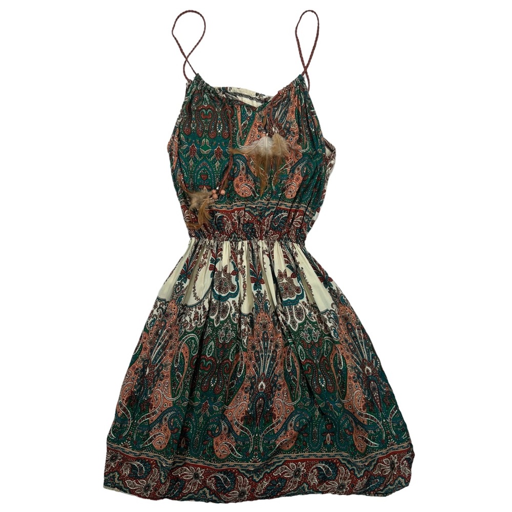 🖤 Bohemian Paisley Faux Leather Hippie Feather Pullover Adjustable Gypsy Dress